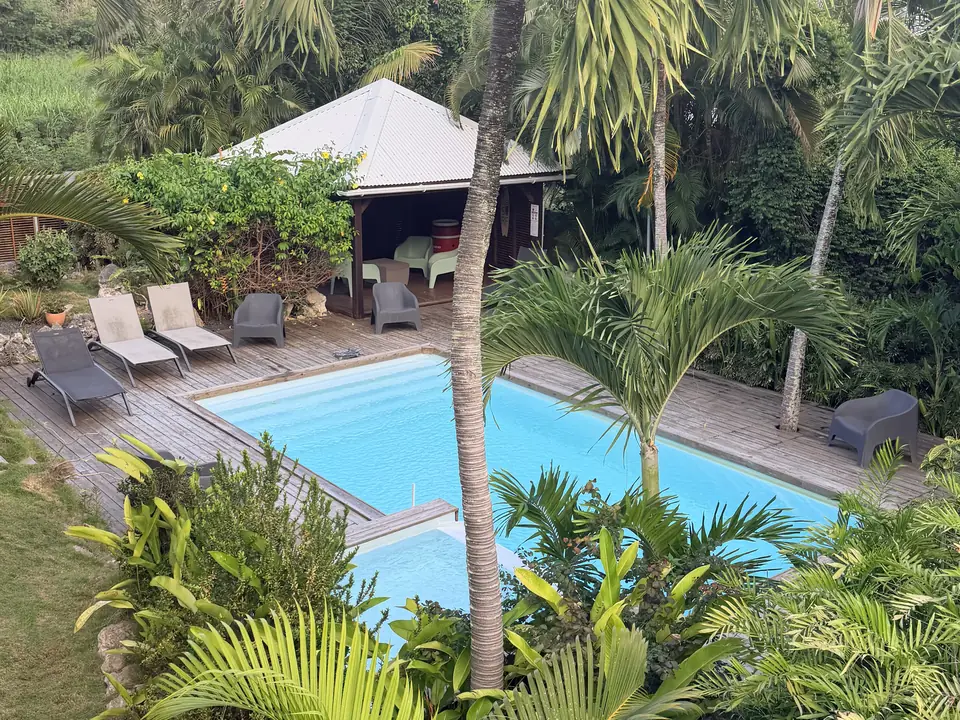 Vue plongeante sur la piscine et le jardin tropical de la Résidence Alamanda